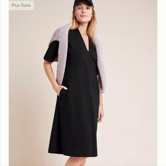 Velvet Black A-Line Midi Dress V-Neck Short Sleeve - Picture 2 of 11